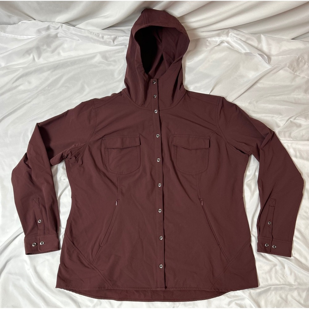 Duluth Trading Co Womens XL Hooded Snap Front Flexpedition Shirt Jacket Burgundy